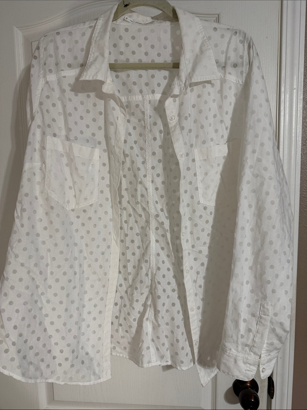 Maurices White Button-Down Shirt with Light Gray Polka Dots